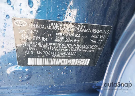 2017 Hyundai Elantra Value Edition from USA, damaged, VIN 5NPD84LF3HH176377